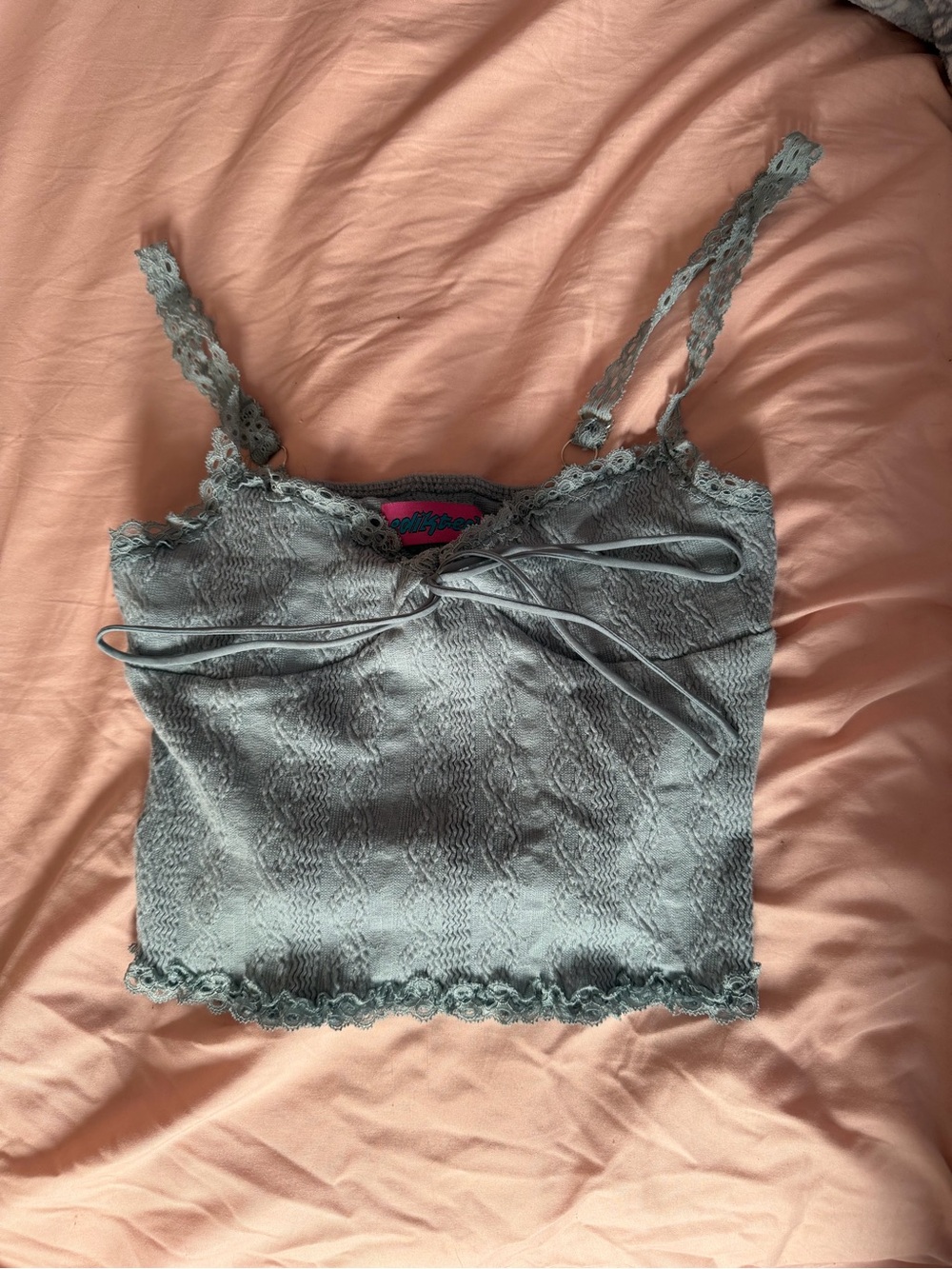 Edikted Lace-Trim Knit Cami in blue with Pink Label